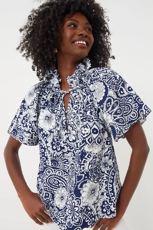 Blouses & Shirts for Theater -  Women's Knit Blouses-Navy and White Floral Thea Blouse