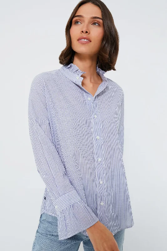 Blouses & Shirts for Gamers -  Women's Front Tie Blouses-Navy and White Voile Stripe Easy Ruffle Shirt