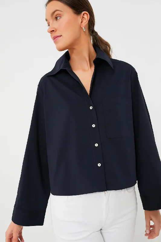 Blouses & Shirts for Trendy Look -  Women's Chiffon Blouses-Navy Mara Cropped Button Down