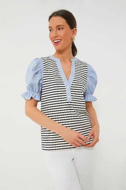 Blouses & Shirts for Casual Wear -  Women's Batwing Sleeve Blouses-Navy Stripe Livia Puff Sleeve Top