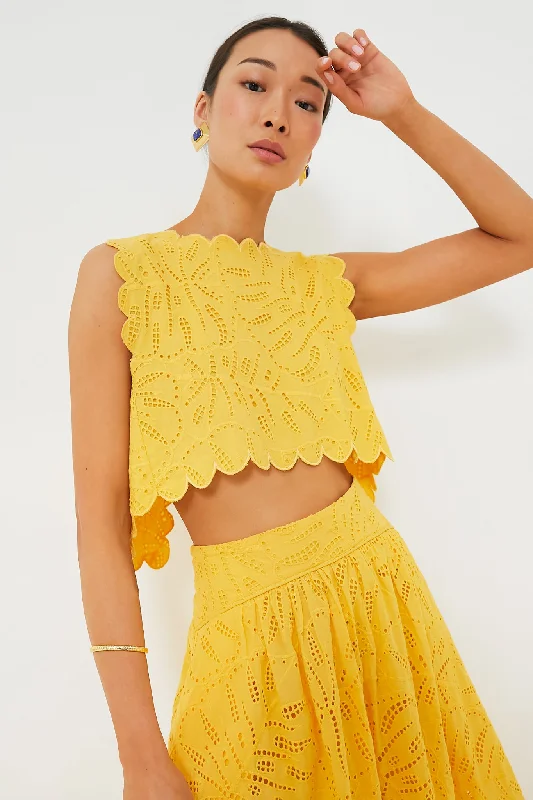 Blouses & Shirts for Programmers -  Women's Fringe Shirts-Yellow Monstera Eyelet Crop Top