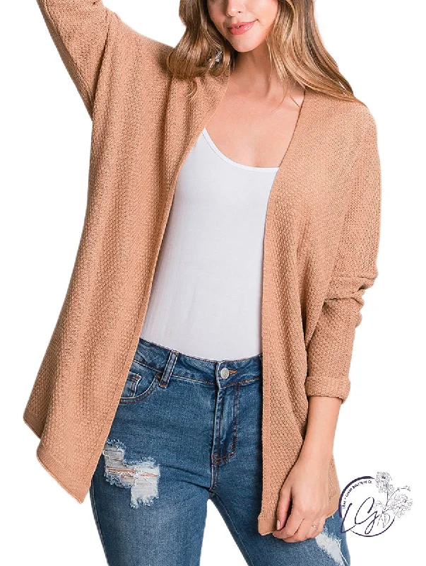 Cardigan elegant fabric-Women's Textured Ruffle Cardigans-Curvy Classic Look Knit Cardigan