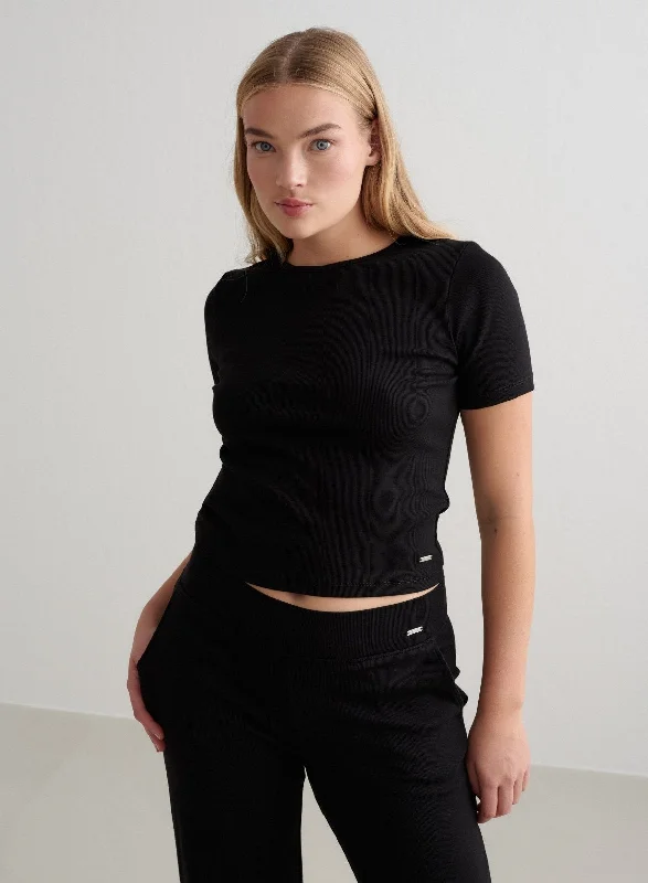 T-Shirts for Streetwear Lovers -  Women's Puffed Sleeve T-Shirts-Black Ease Ribbed Short Sleeve