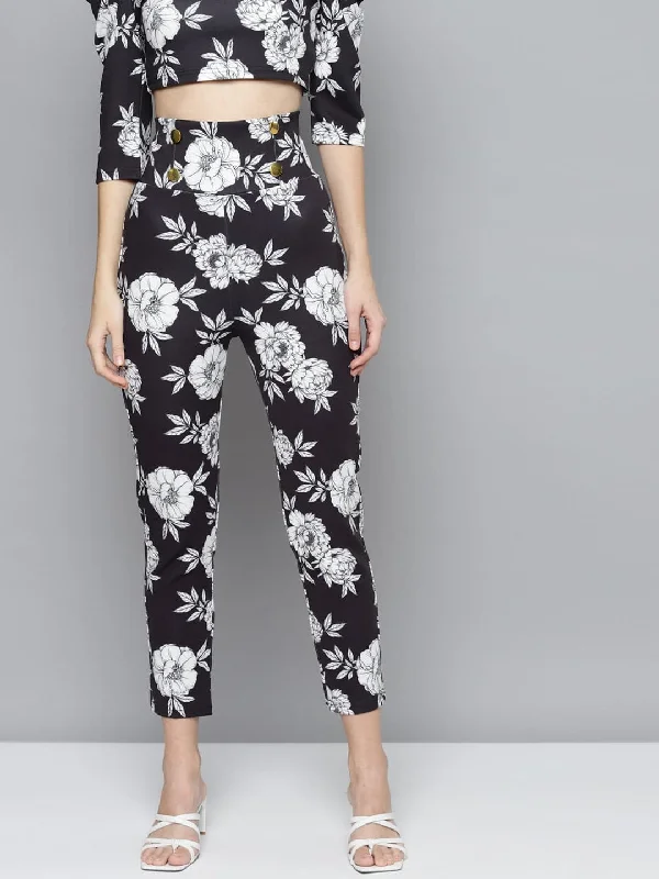 Modern Pants-Women's Windowpane Pants-Black Floral Scuba Front Button High Waist Pants