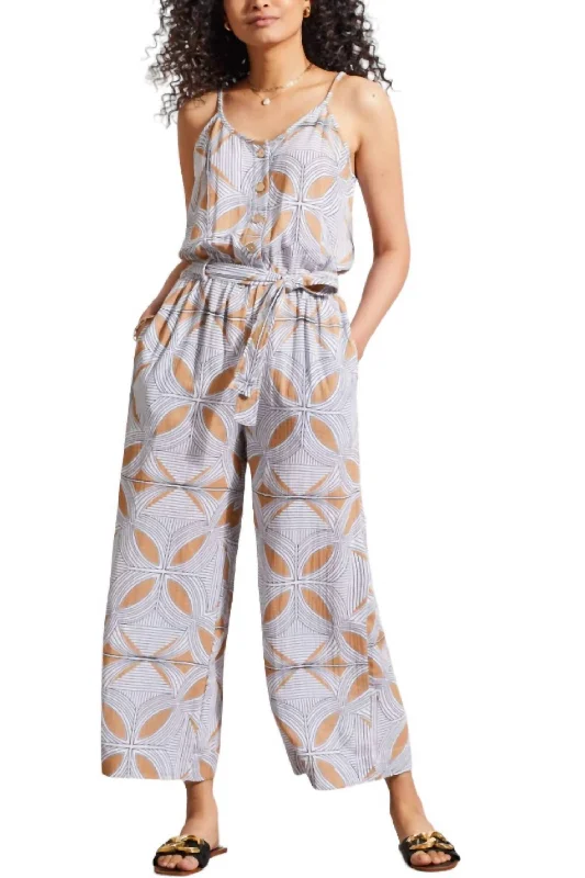 Co-Ord Pants-Women's Denim Pants-Button Front Jumpsuit In Carmel Color/print