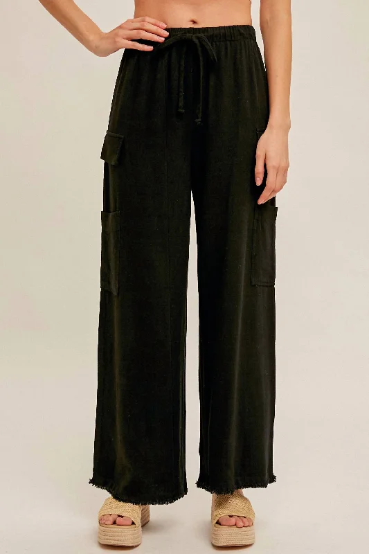 Lazy Day Pants-Women's Relaxed Fit Pants-Cargo Linen Pants In Black