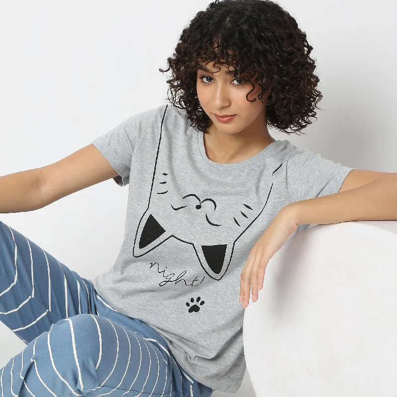 T-Shirts for DJs -  Women's Scoop Neck T-Shirts-Cat Printed Lounge T-Shirt