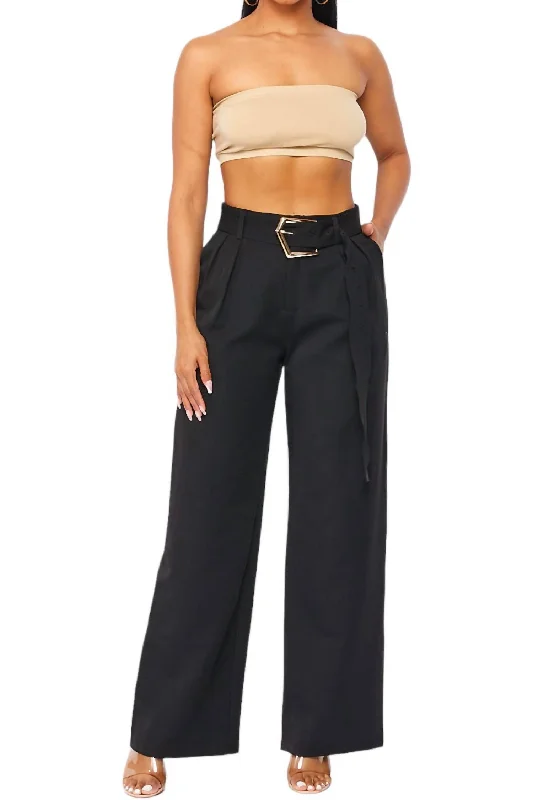 Prom Pants-Women's Drawstring Pants-Gold Belted Black Trouser