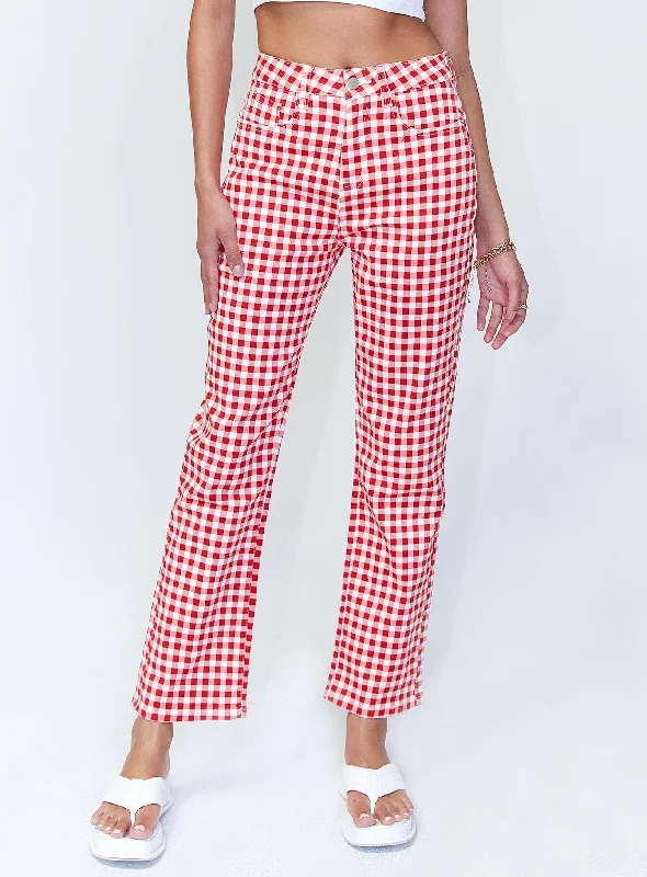 Preppy Pants-Women's Active Pants-Kendra Gingham Denim Jeans Red