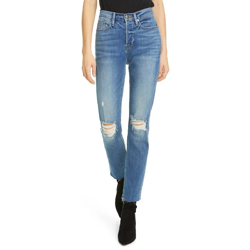 Movie Night Pants-Women's Snap Button Pants-Le Beau Ankle Straight Leg Boyfriend Jeans In Cleo Rips