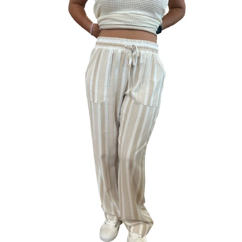 Retro Pants-Women's Wide-Leg Pants-Linen Pants With Pockets In Khaki/ivory