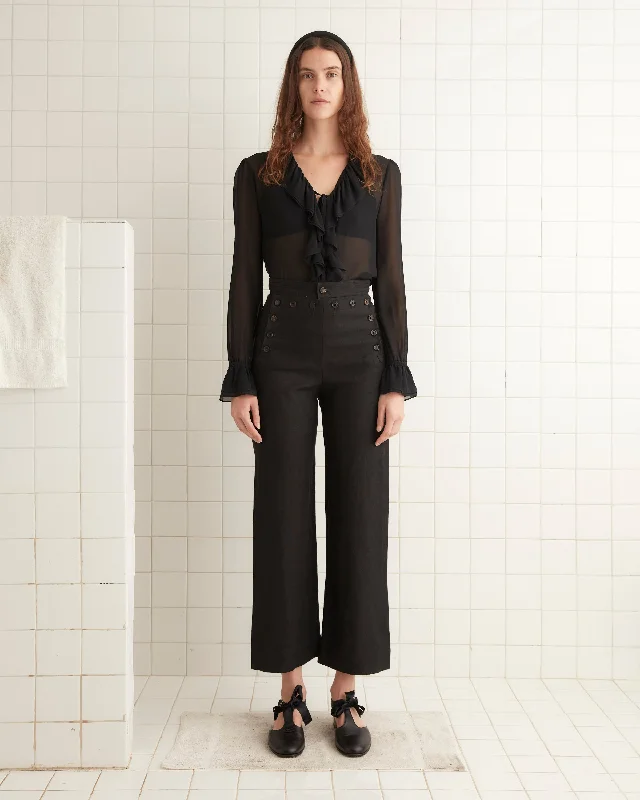 Locker Room Pants-Women's Windowpane Pants-Linen Sailor Trousers - Black