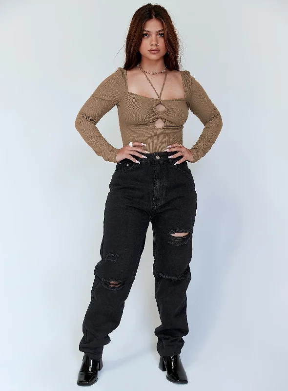 Single-Layer Pants-Women's Plus Size Pants-Melody Ripped Straight Leg Jeans Black