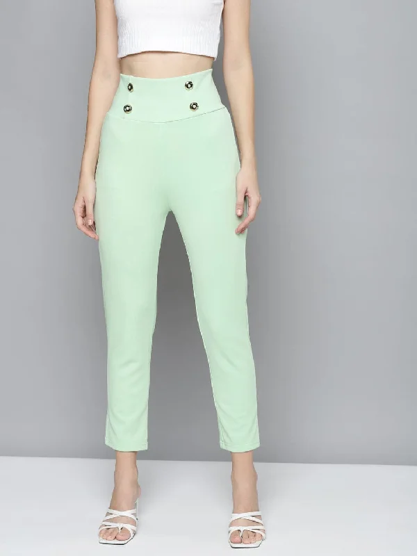 Avant-Garde Pants-Women's Work Pants-Mint Green Scuba Front Button High Waist Pants