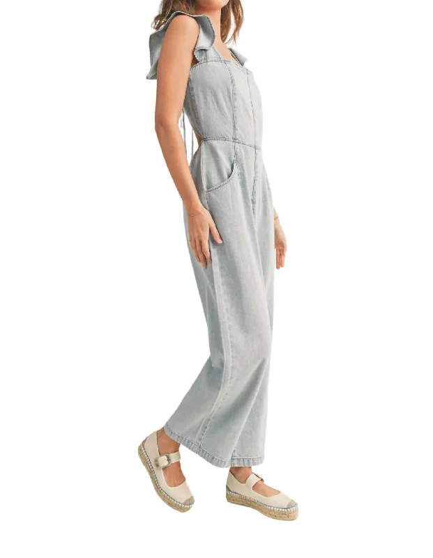 Wedding Pants-Women's Drawcord Pants-Miranda Ruffled Sleeve Denim Jumpsuit