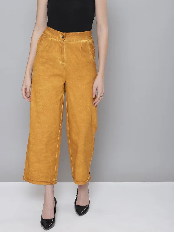 Fall Pants-Women's Stretch Pants-Mustard Twill Pigment Wash Straight Pants