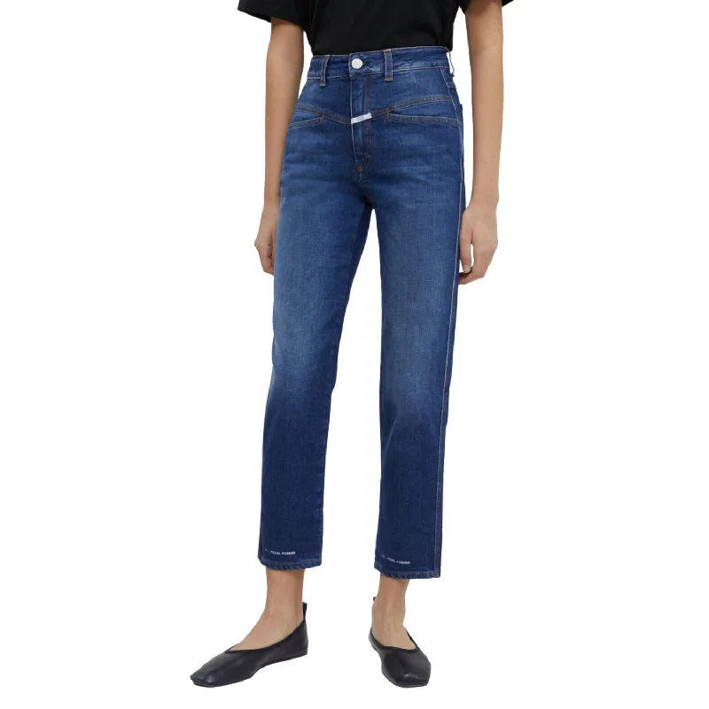 Tailored Pants-Women's Side Zip Pants-Pedal Pusher Tapered Jean In Dark Blue