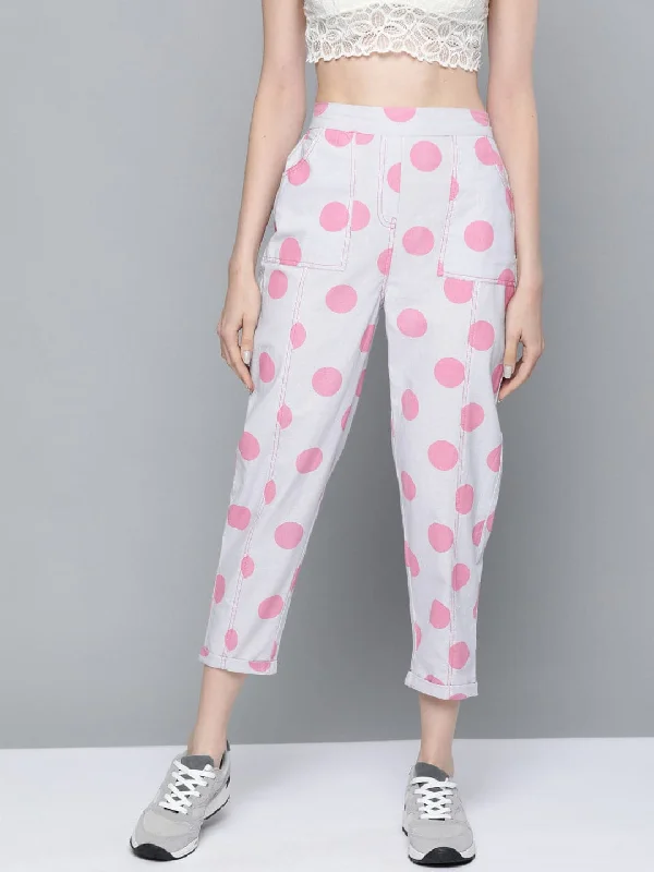 Weekend Pants-Women's Tapered Pants-Pink & Grey Polka Print Tapered Pants