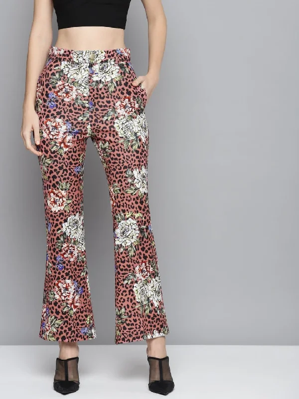 Desert Pants-Women's Velvet Pants-Pink Scuba Animal Floral Bell Bottom Pants