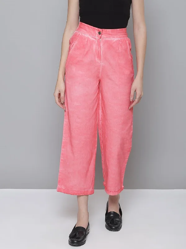 Sale Pants-Women's Snap Button Pants-Pink Twill Pigment Wash Straight Pants