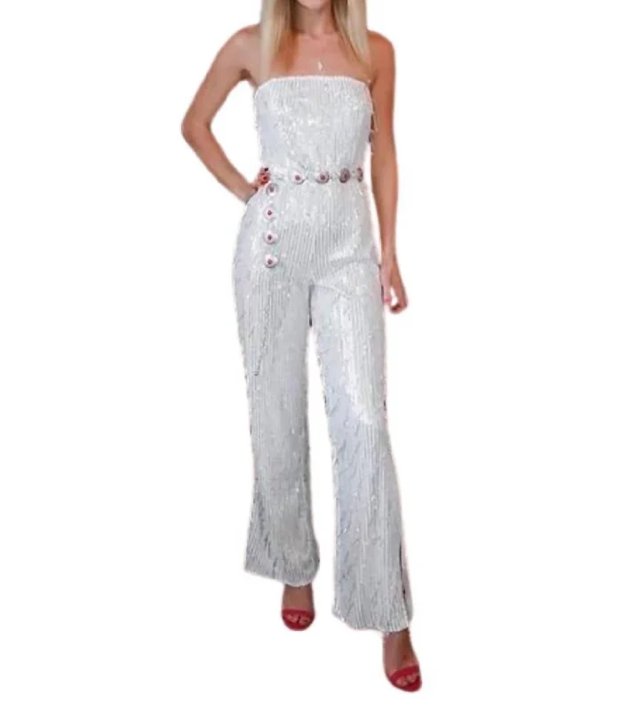 Rainforest Pants-Women's Vintage Pants-Rhinestone Metal Beaded Fringe Boydsuit In White