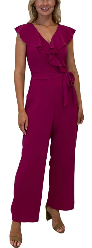 Edgy Pants-Women's Acid Wash Pants-Ruffle Wrap Jumpsuit With Sash In Fuschia