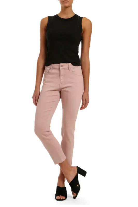 Button Fly Pants-Women's Houndstooth Pants-Viola Raw Ankle Straight Leg Jeans In Pale Pink