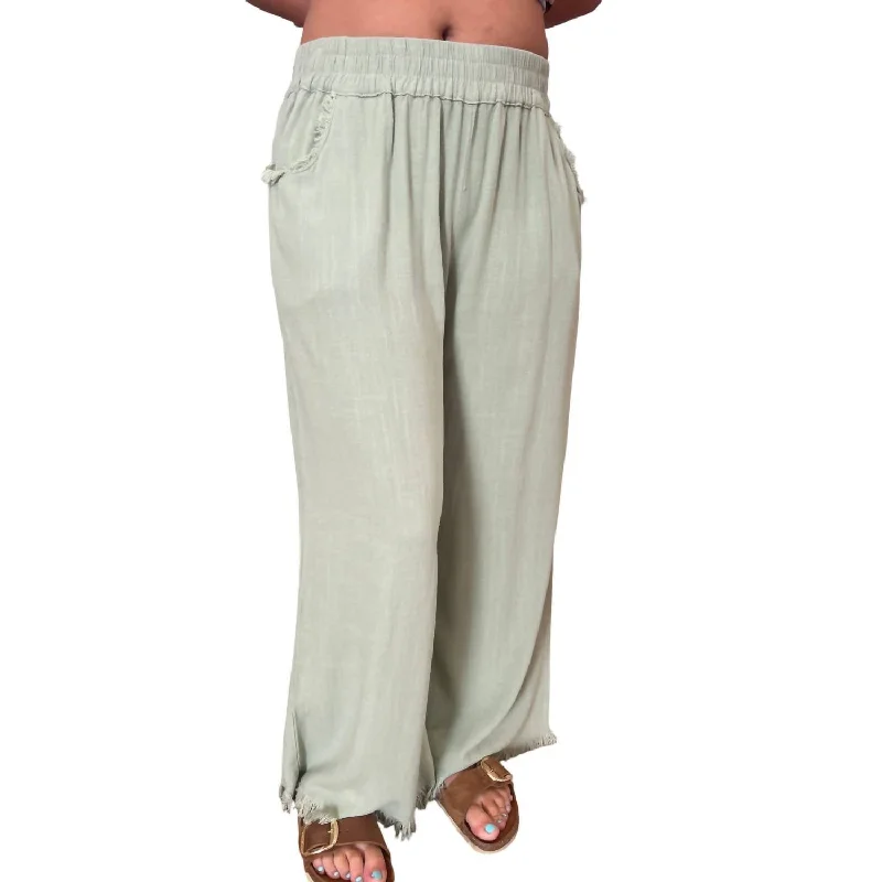 Airplane Pants-Women's Tribal Print Pants-Wide Leg Pants With Fray Hem In Sage