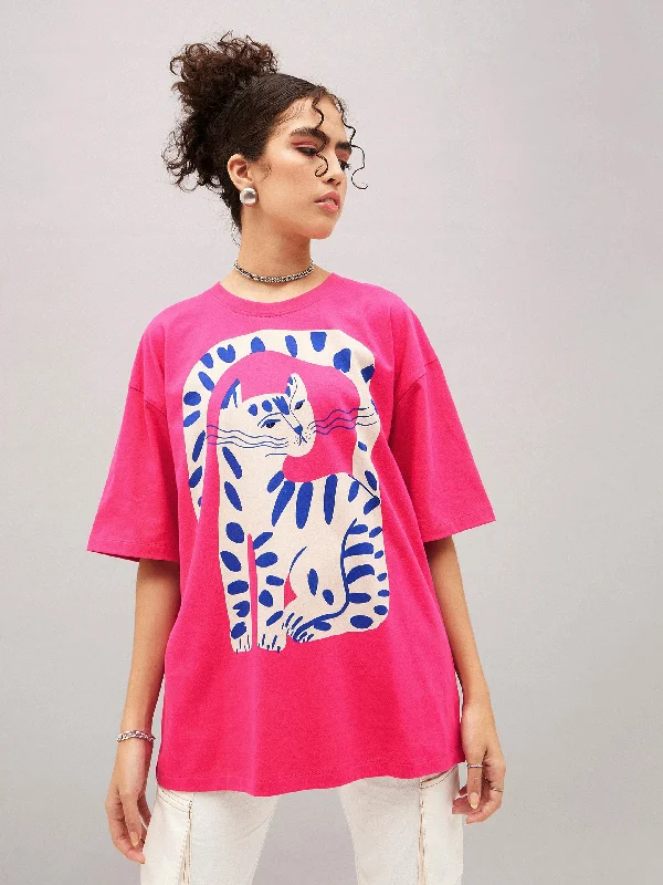 T-Shirts for Couples -  Women's Square Neck T-Shirts-Women Barbie Pink Cat Print Oversized T-shirt