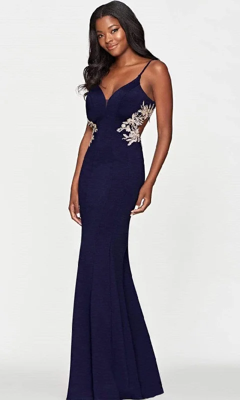 Women's Chiffon Evening Gowns-Faviana - S10668 V Neck Side Detailed Long Gown