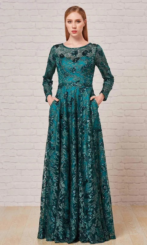 Women's Green Evening Dresses-J'Adore Dresses - J18026 Long Sleeve Glitter Print A-Line Gown