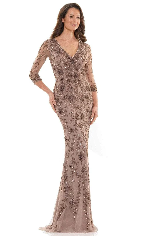 Women's Gold Evening Gowns-Marsoni by Colors MV1197 - Long Sleeve V-Neck Long Dress