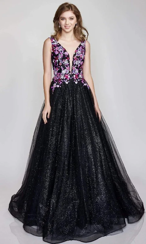 Women's Dark Colored Evening Dresses-Nina Canacci - 3184 V Neck Floral Glittered Gown